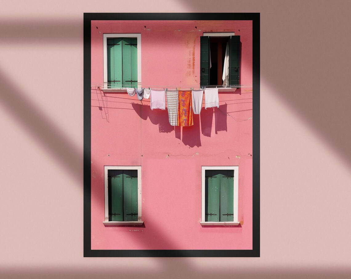 Pink House Mediterranean Travel Poster, Bougainvillea
