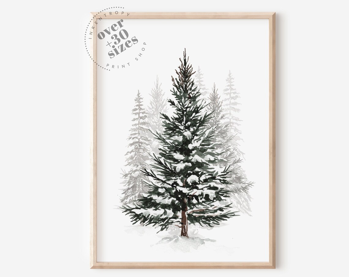 Snowy Pine Tree Watercolor Winter Forest Christmas Wall Art Print