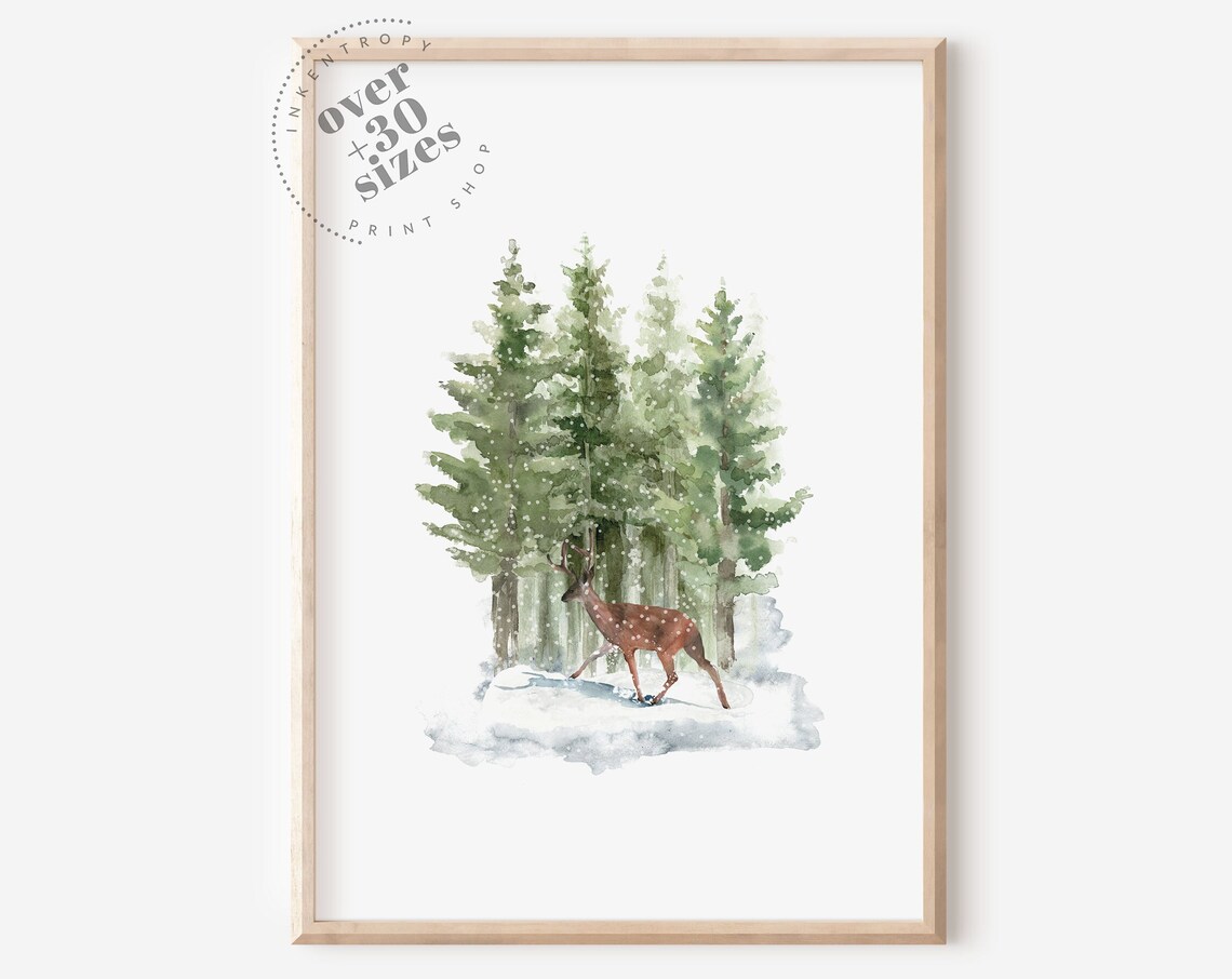 Deer in Snowy Forest Watercolor Winter Christmas Woodland Art Print