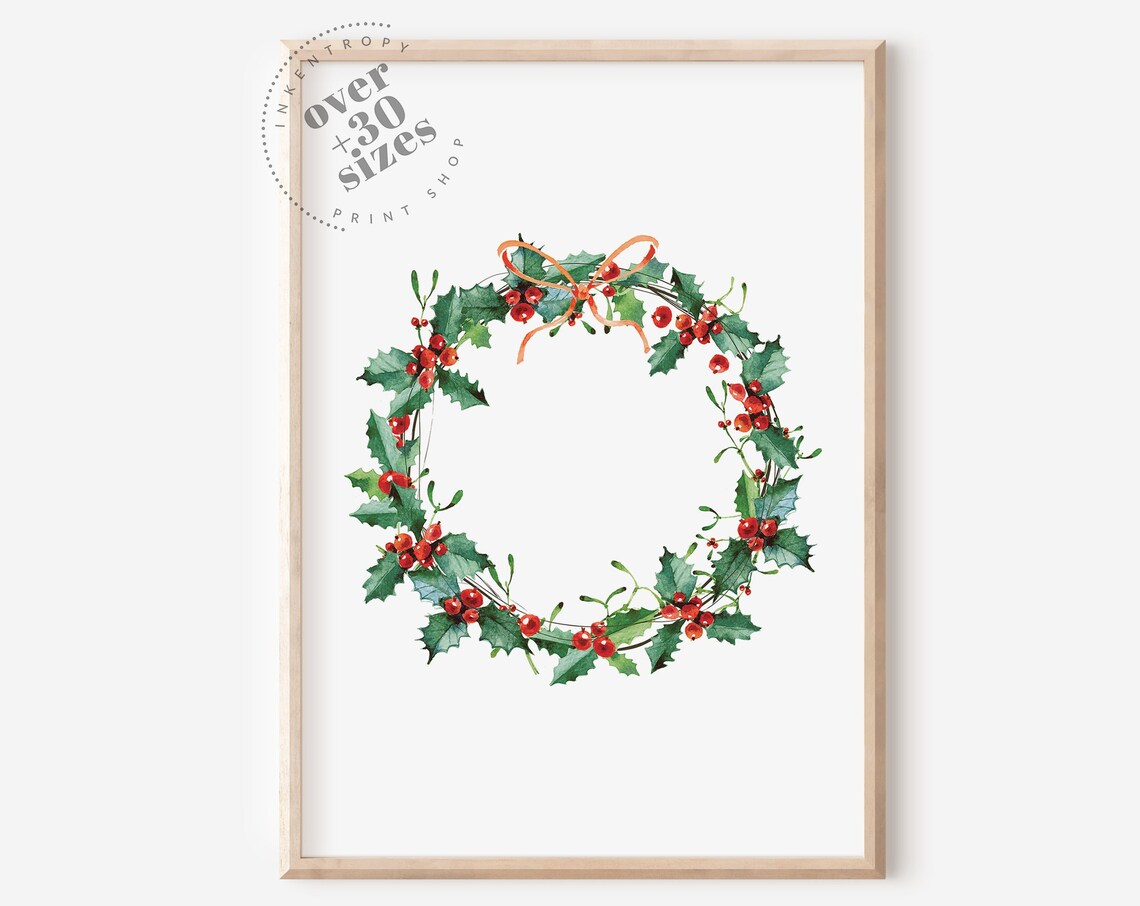 Christmas Holly Berry Wreath Watercolor Holiday Wall Decor Art Print