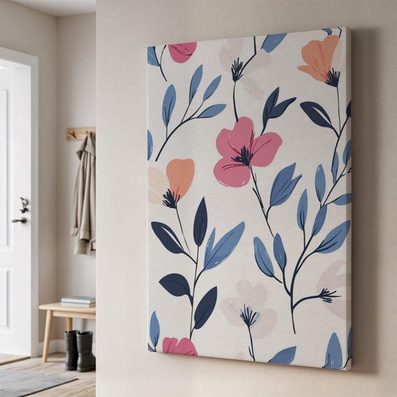 Floral Abstract Canvas Minimalist Art With Colorful Blooms And Leaves Modern Flower Print Framed Gift For Nature Lovers