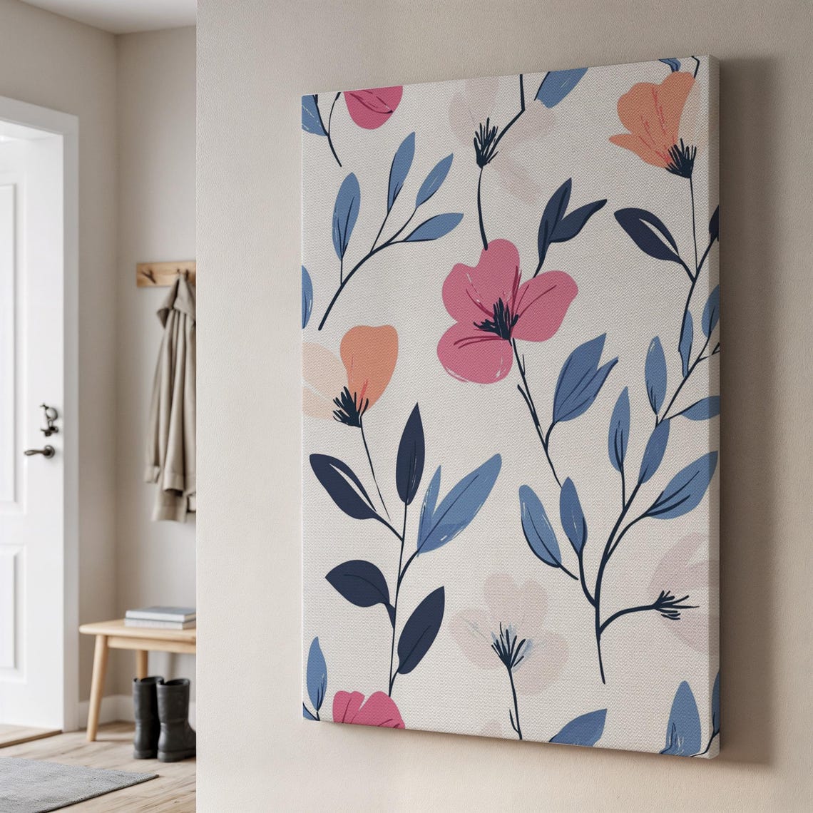 Floral Abstract Canvas Pink Blossoms Navy Leaves Minimalist Wall Art