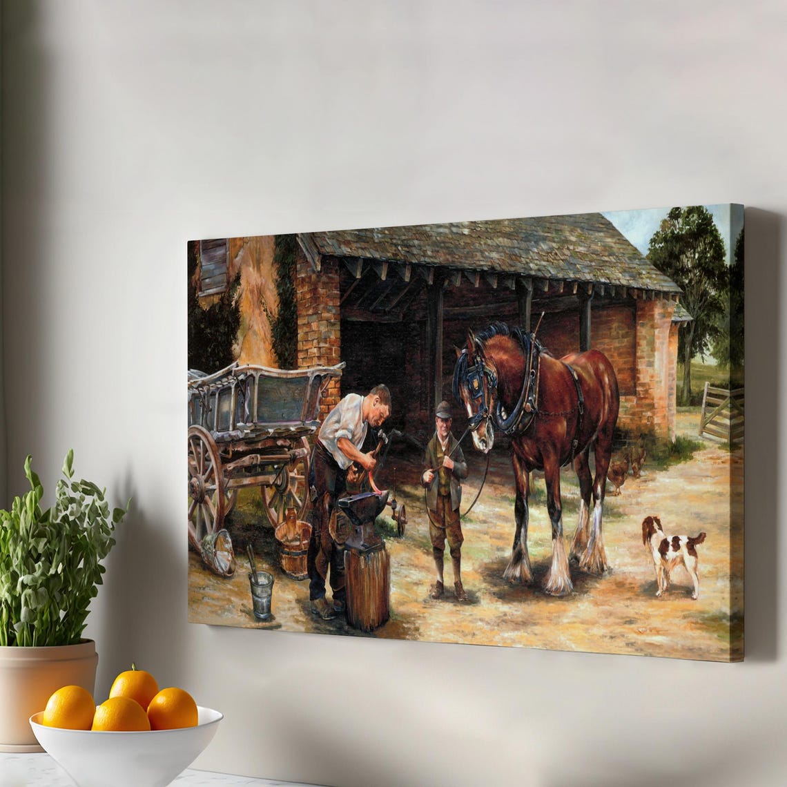 Blacksmith Shoeing Horse Vintage Rustic Countryside Painting Poster