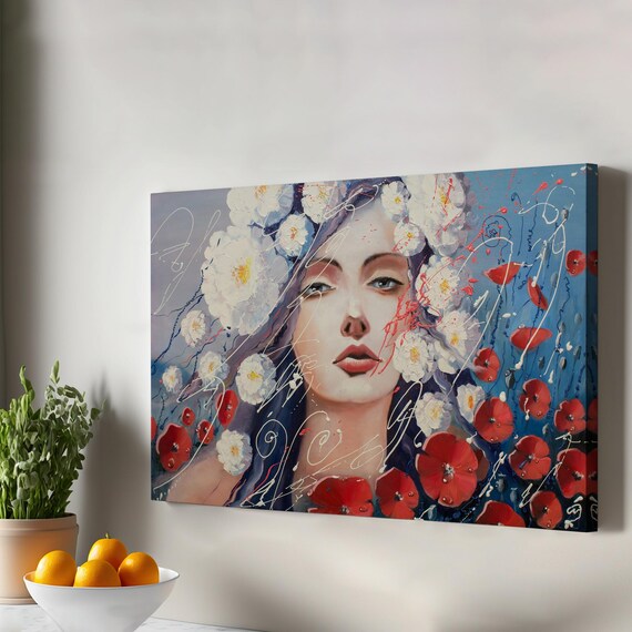 Woman With White Flowers And Red Poppies Portrait Art Poster