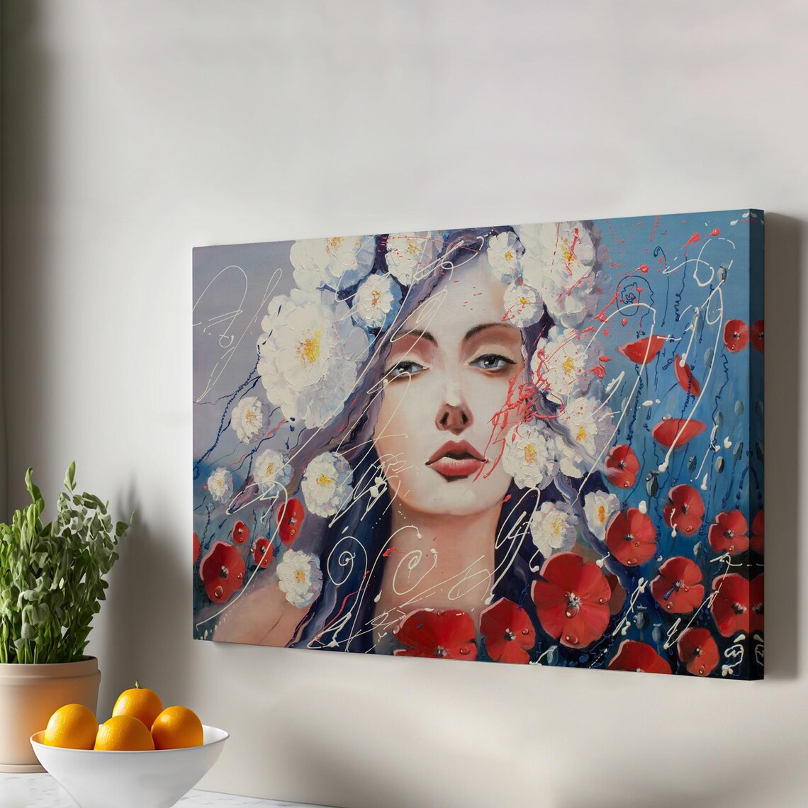 Woman With White Flowers And Red Poppies Portrait Art Poster