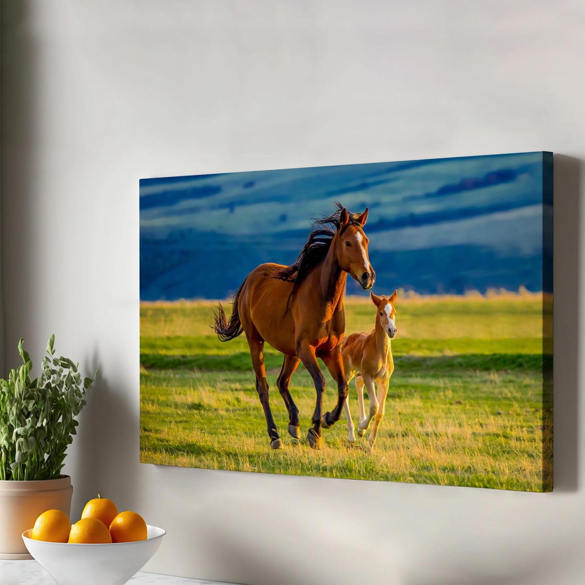 Chestnut Mare and Foal Running Golden Pasture Canvas Art Print