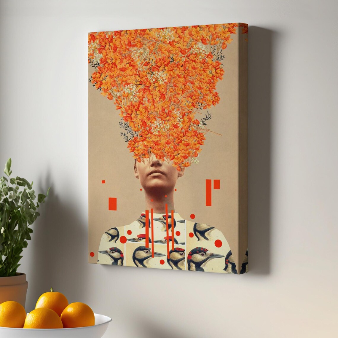 Surreal Orange Blossom Woman Woodpecker Collage Portrait Poster