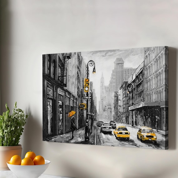 New York City Yellow Taxi Street Scene Wall Art in Black and White