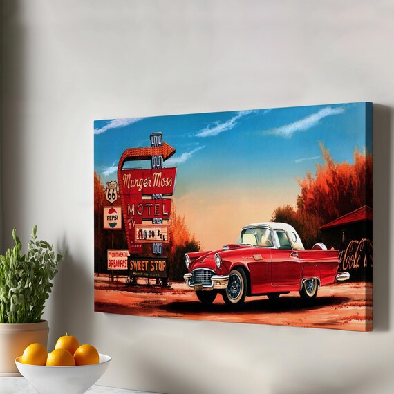 Red 1955 Ford Thunderbird Munger Moss Motel Route 66 Sign Canvas Print