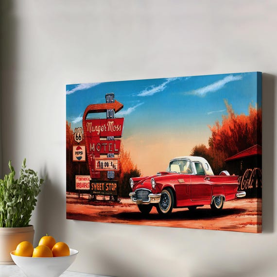 Red Classic Car Art Street Canvas Print Framed Wall Large Modern Decor Housewarming Gifts