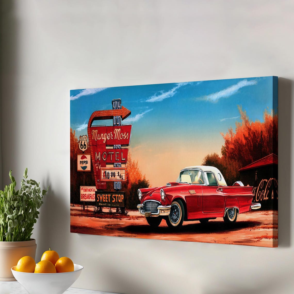 Red 1955 Ford Thunderbird Munger Moss Motel Route 66 Sign Canvas Print