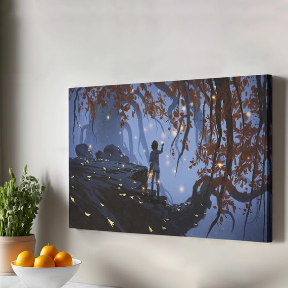 Woman Collecting Shiny Leaves Falling From The Trees Painting Large Wall Art Housewarming Gifts Illustration Canvas