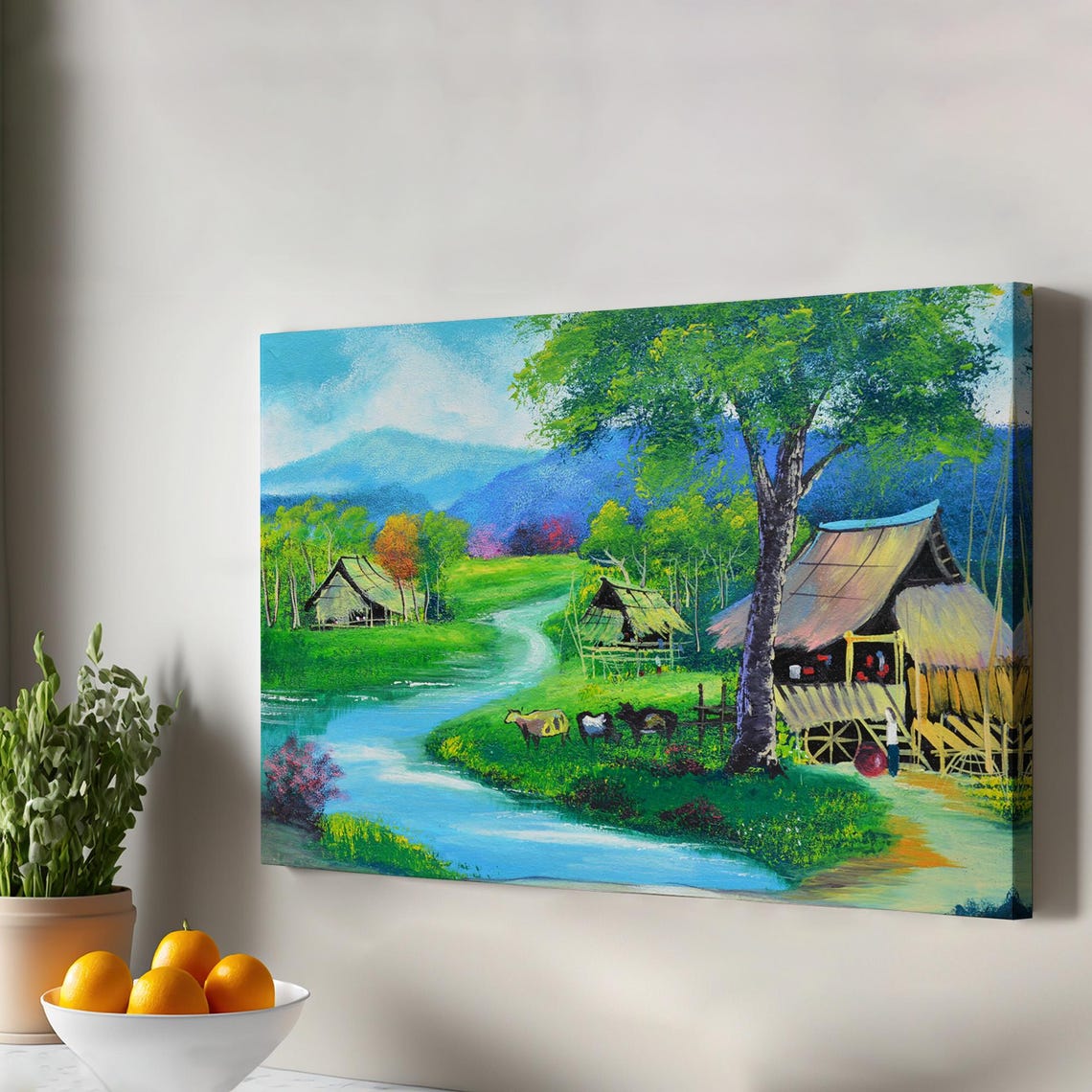 Rustic Asian Village River Painting Stilt Houses Water Buffalo Poster