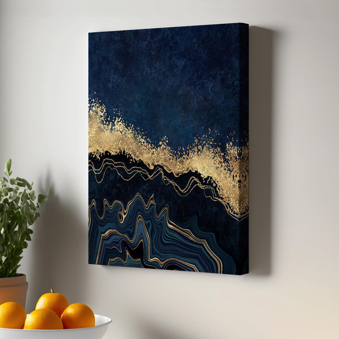 Dark Blue Gold Marble Effect Modern Abstract Canvas Art Poster