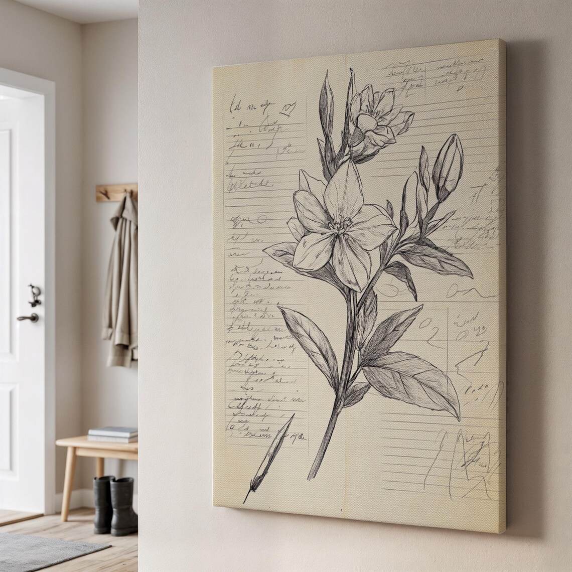 Botanical Flower Sketch Vintage Handwritten Notebook Paper Floral Wall Art