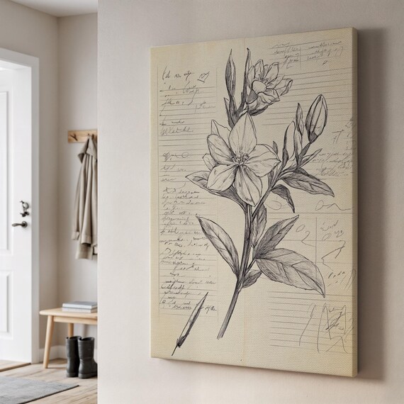 Botanical Flower Sketch Vintage Handwritten Notebook Paper Floral Wall Art
