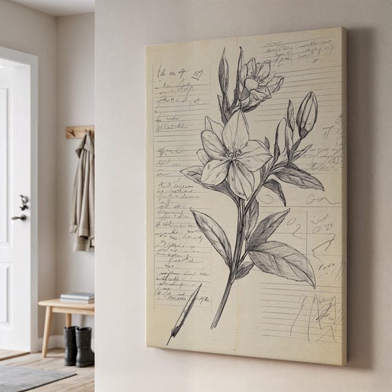 Botanical Sketch Canvas Handdrawn Flower Illustration With Vintage Lettering Minimalist Art Print Framed Gift For Nature Lovers