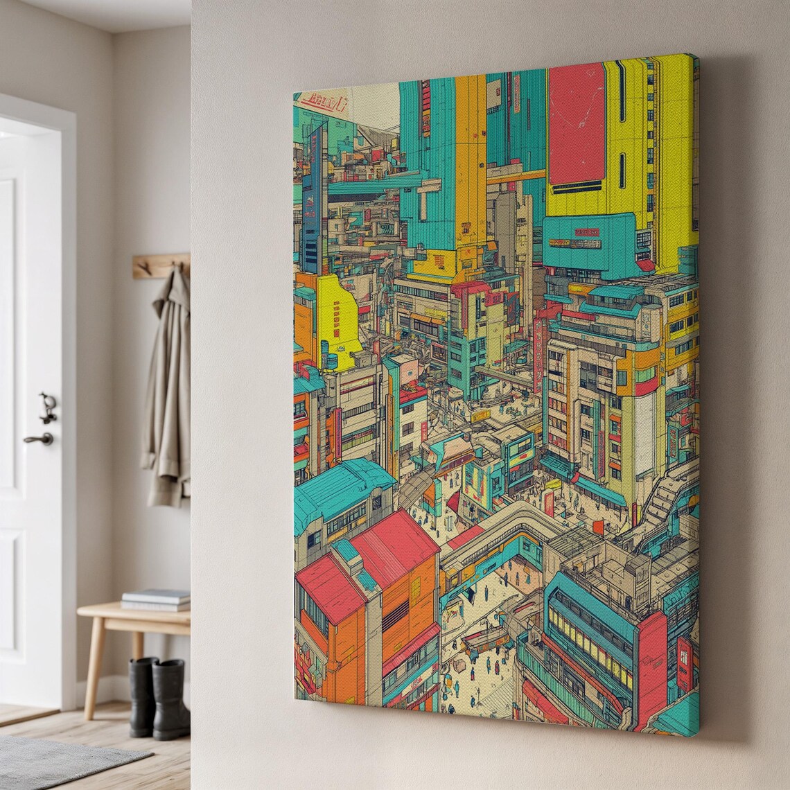 Colorful Isometric Downtown Cityscape Vibrant Urban Art Poster