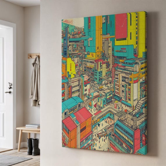 Colorful Urban City Canvas Wall Art Vibrant Isometric Downtown Illustration Printframed Architectural Pop Design Gift For Modern Interiors