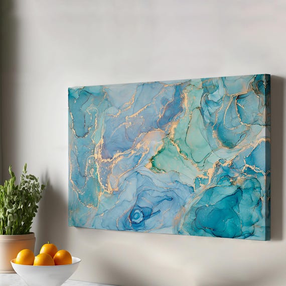 Canvas Art With Ink And Alcohol Elements In Marble Pattern Abstract Modern Wall Decor Framed Housewarming Gifts