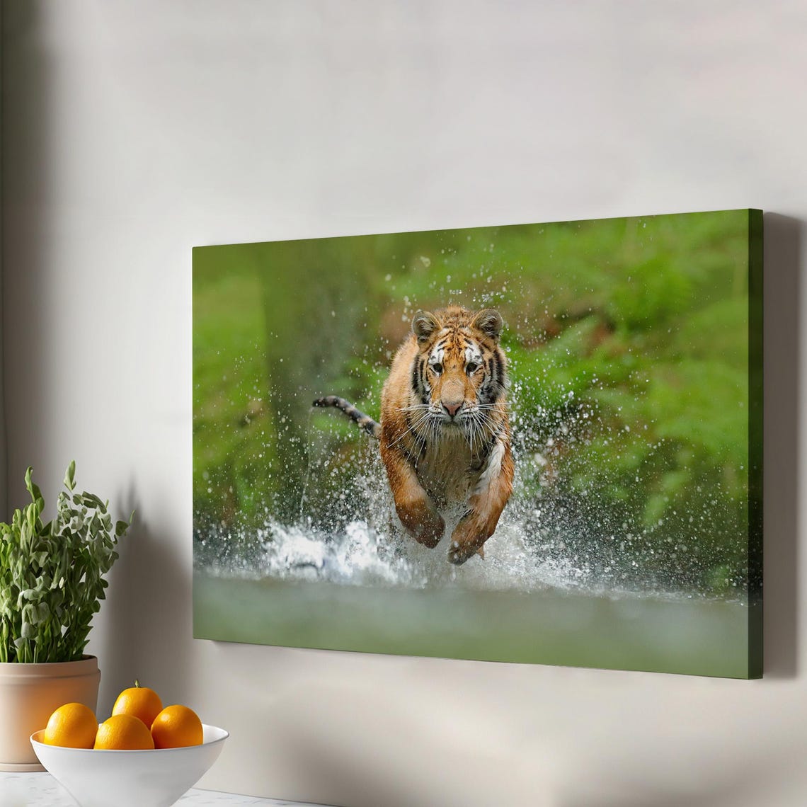 Wild Tiger Leaping From Splashing Water Jungle Wildlife Photo Poster
