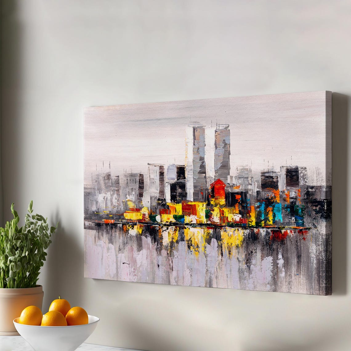 Abstract City Skyline Colorful Reflections Modern Impasto Wall Art