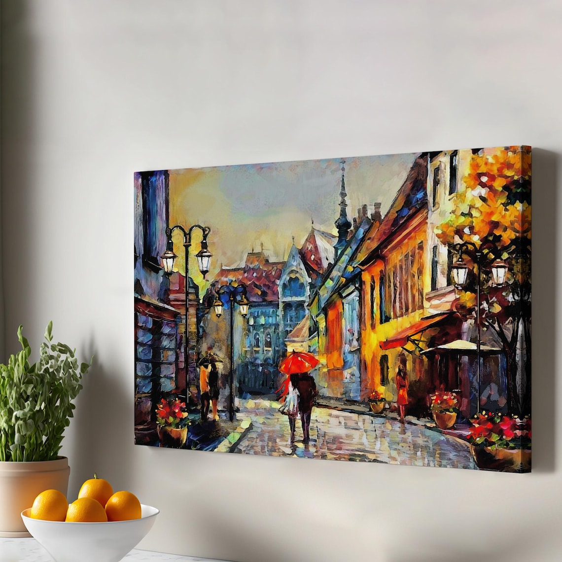Rainy Old Town Street with Church Spire Oil Painting Wall Art