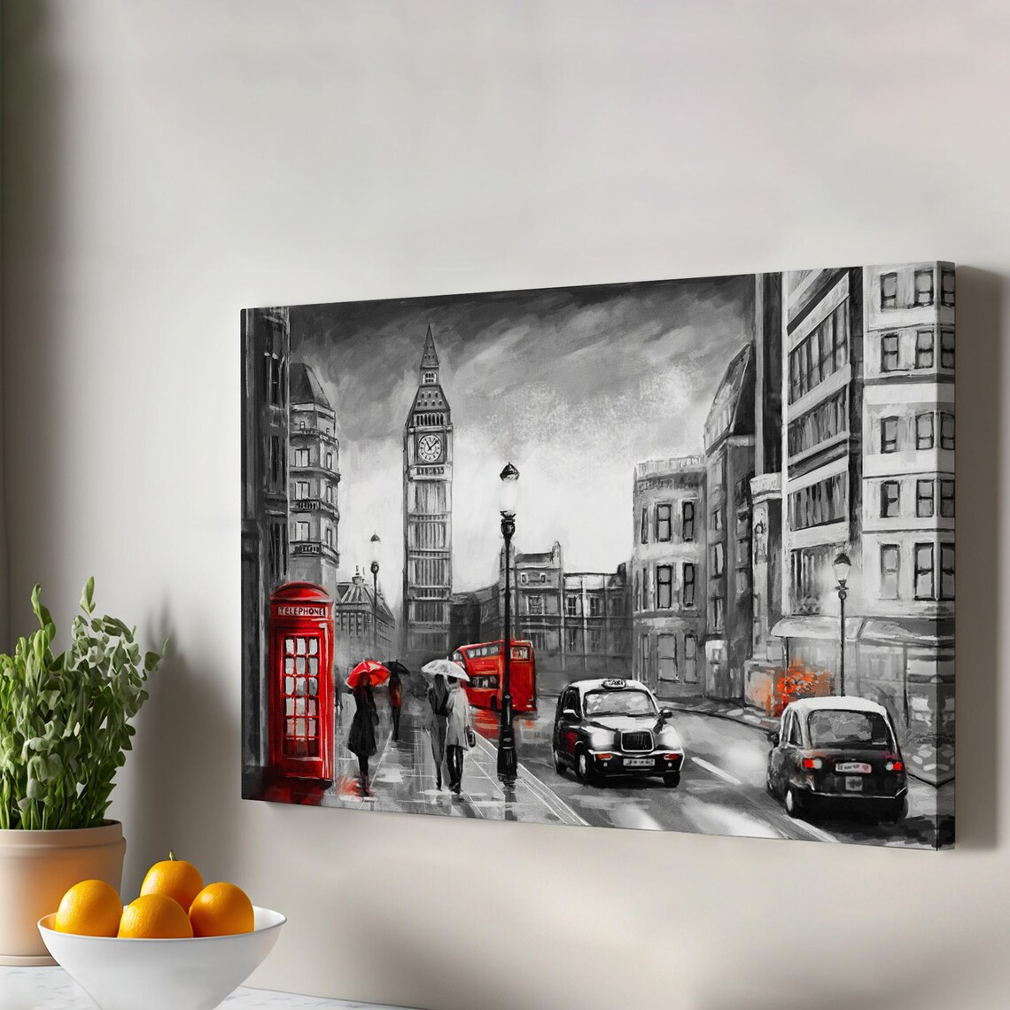 London Big Ben Red Accent Black White Rainy Street Oil Painting Poster