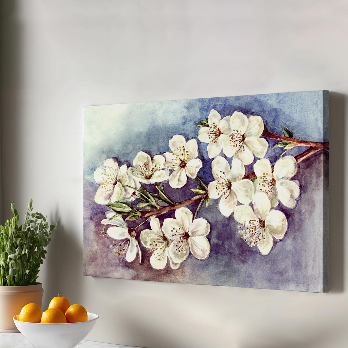 Spring White Plum Blossoms Branch Watercolor Floral Canvas Wall Art