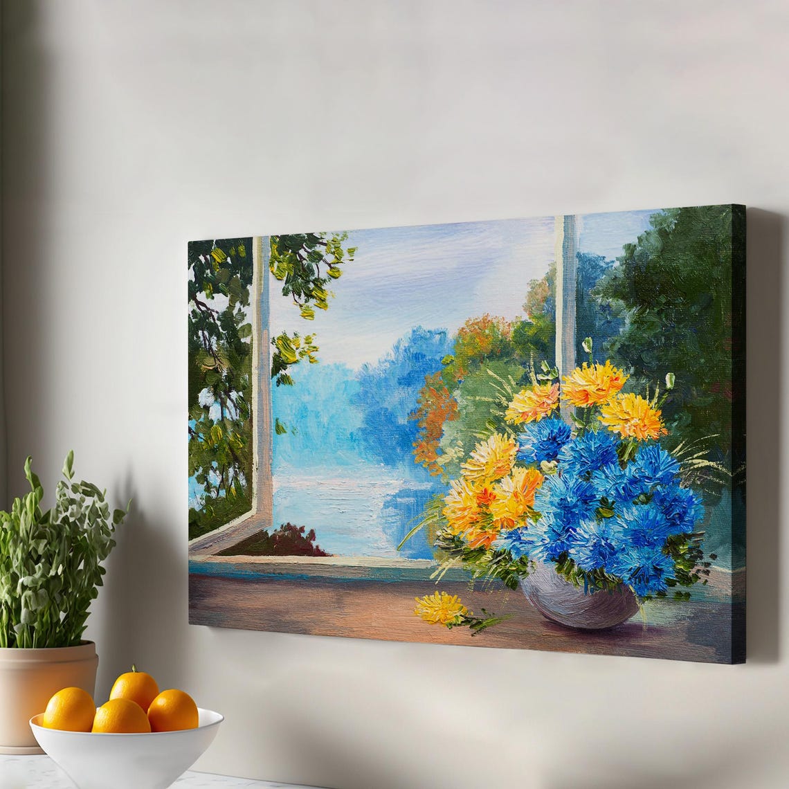 Yellow And Blue Flower Bouquet By Open Window Garden View Canvas Print
