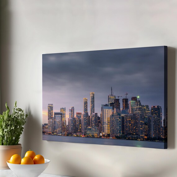City Skyline At Dusk Waterfront Lights Urban Night Canvas Print