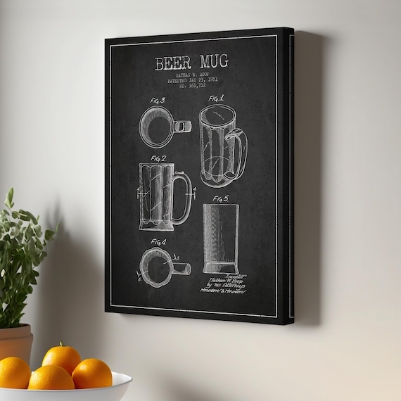 1951 Beer Mug Patent Drawing Blueprint Vintage Breweriana Art Poster