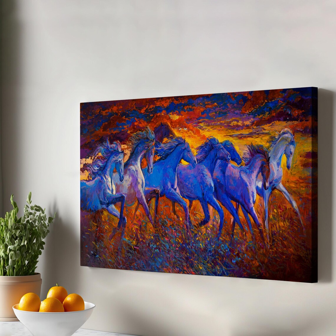 Galloping Horses Sunset Oil Painting Wild Herd Colorful Art Print