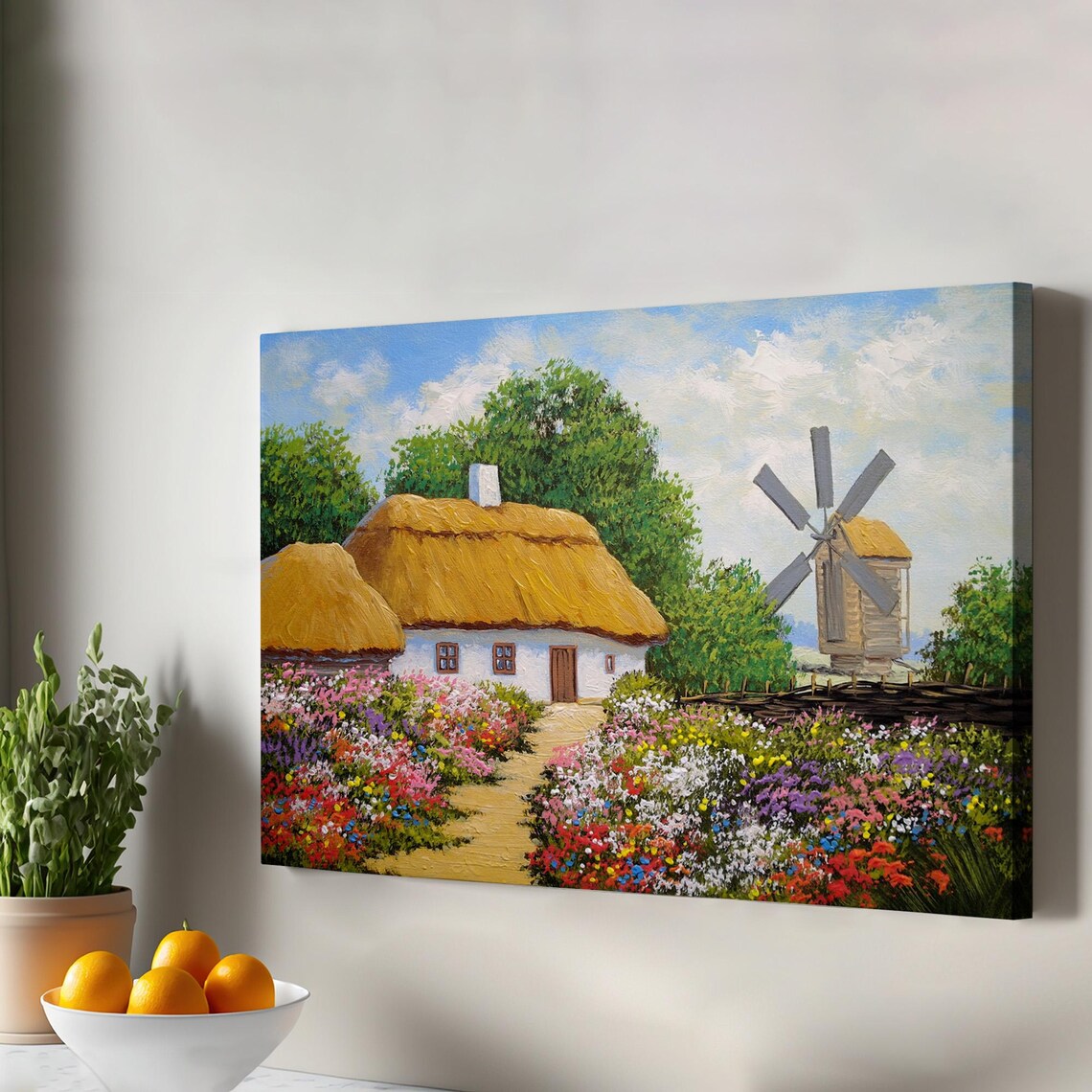 Ukrainian Thatched Cottage Windmill Flower Garden Oil Painting Poster