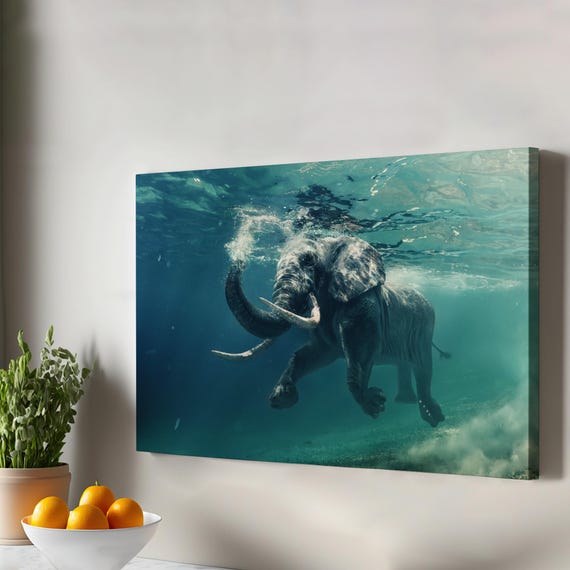 Swimming Elephant Decorative Canvas Painting Large Wall Art Framed Housewarming Gifts Animal Modern