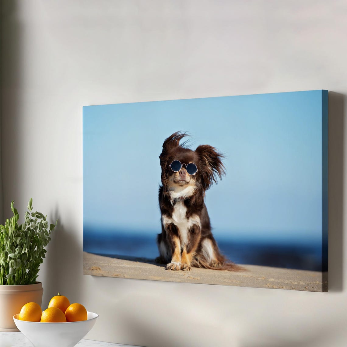 Small Dog Wearing Sunglasses Beach Canvas Photo Funny Puppy Print