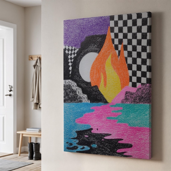 Colorful Surreal Landscape Canvas Art Fire And Moon Dream Scene With Checkered Patterntrippy Psychedelic Wall Decor For Creative Interiors