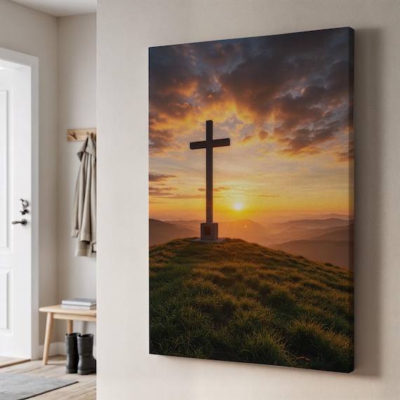 Sunset Cross on Hilltop Canvas Christian Landscape Faith Spiritual Wall Poster