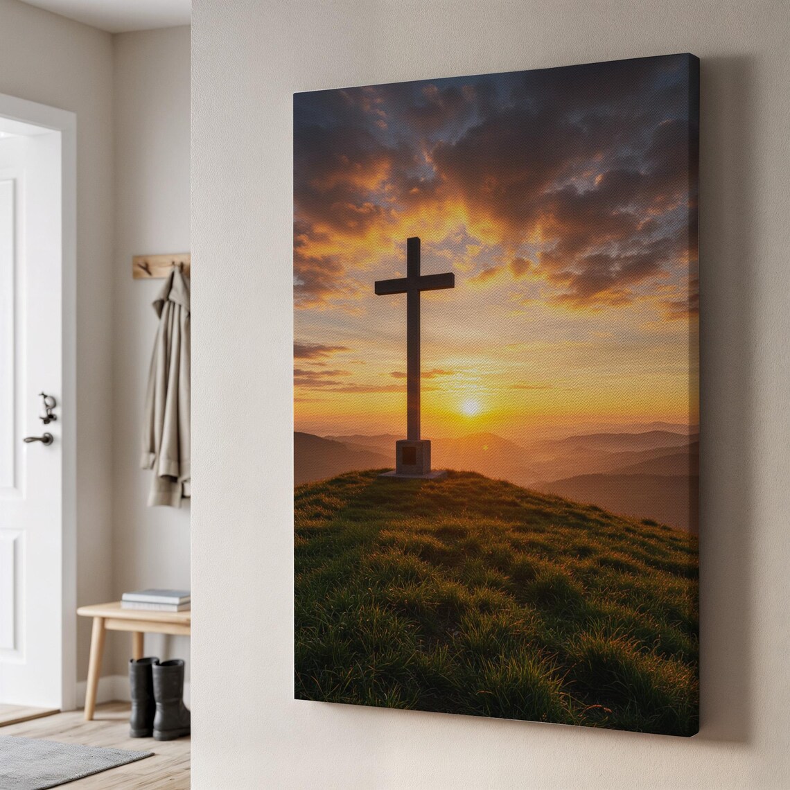 Sunset Cross on Hilltop Canvas Christian Landscape Faith Spiritual Wall Poster