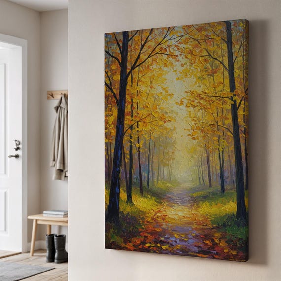 Autumn Forest Path Canvas Art Golden Fall Trees Painting Warm Nature Landscape Decor Framed Gift For Cozy Rustic Inspired Homes