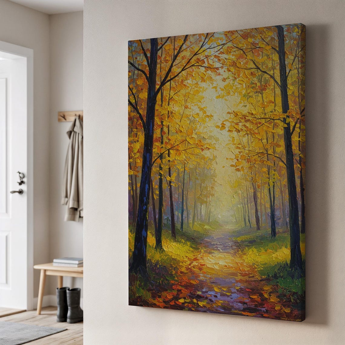 Autumn Forest Path Canvas Art Golden Fall Trees Painting Warm Nature Landscape Decor Framed Gift For Cozy Rustic Inspired Homes