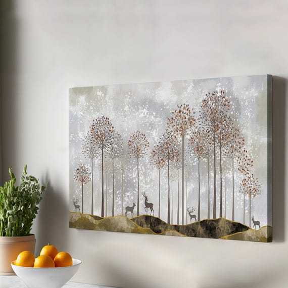 Deers In The Forest Decorative Wall Art Nature Decor Canvas Print Landscape Table