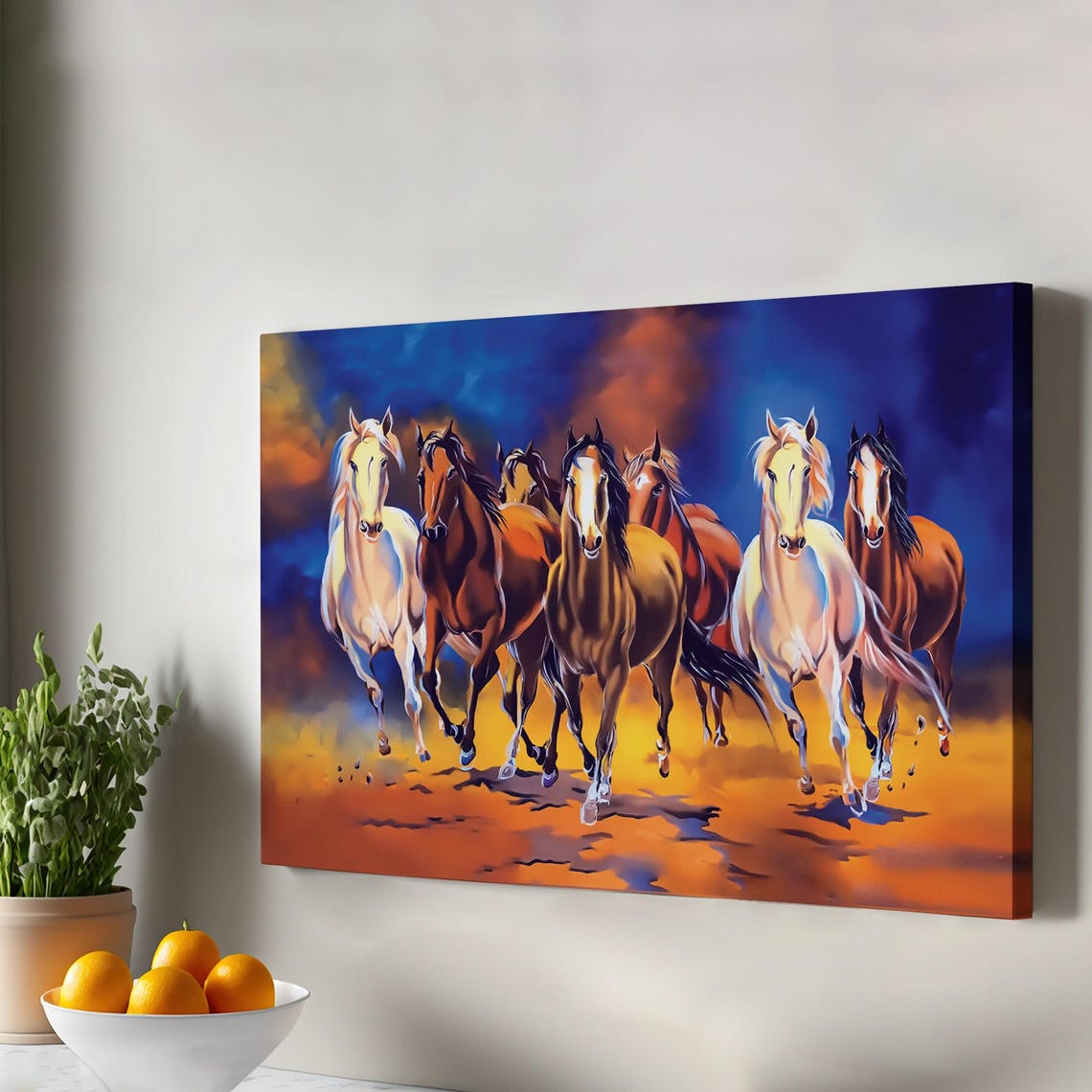 Seven Galloping Horses at Sunset Oil Painting Style Running Poster