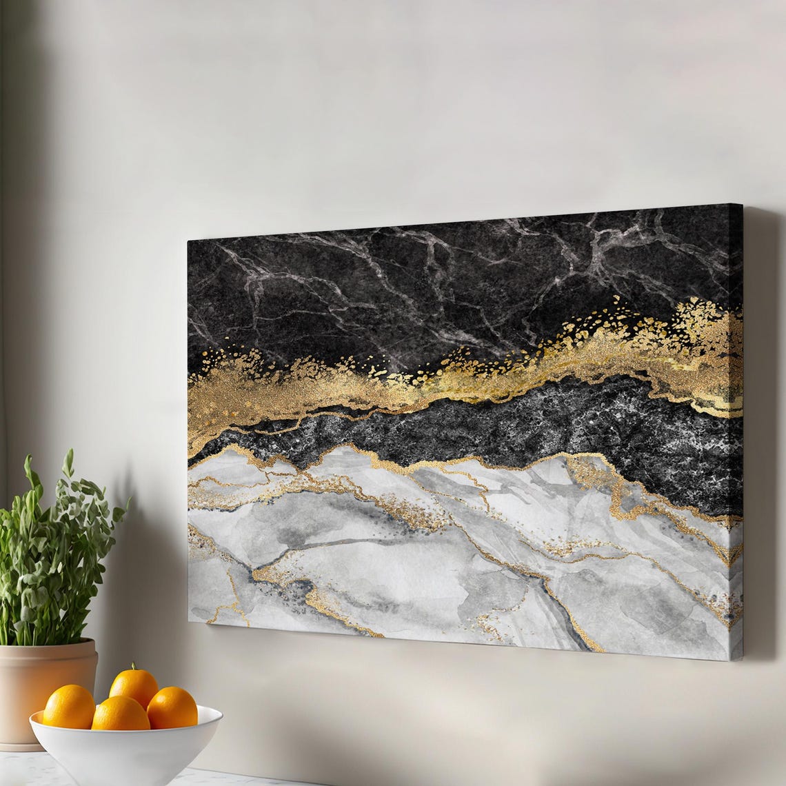 Black Gold And White Marble Abstract Canvas Gold Dust Modern Wall Art