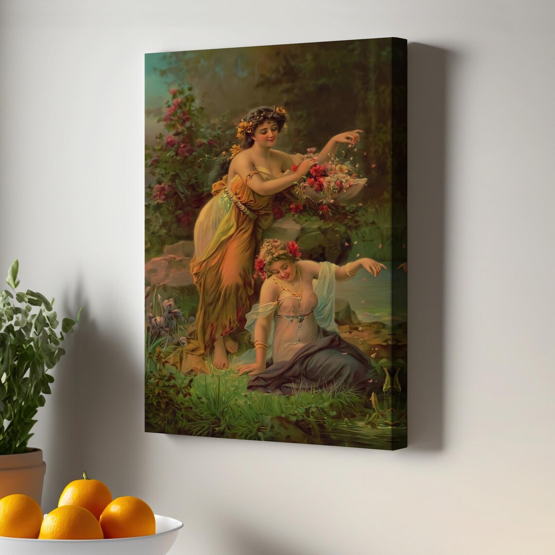 Women Playing With Flowers Art Print, Room Decor