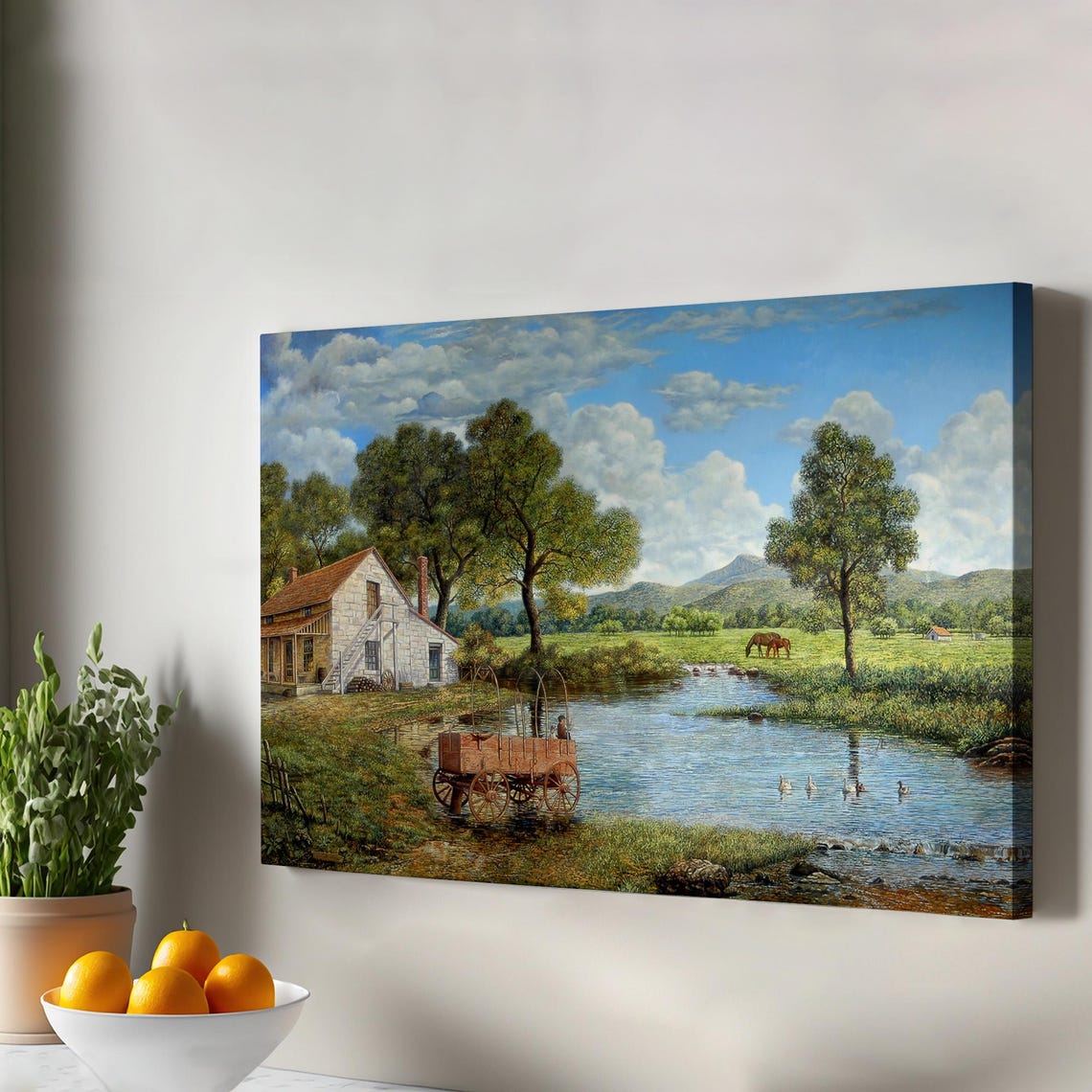 Pioneer Village Covered Wagon Stream Crossing Canvas Wall Art