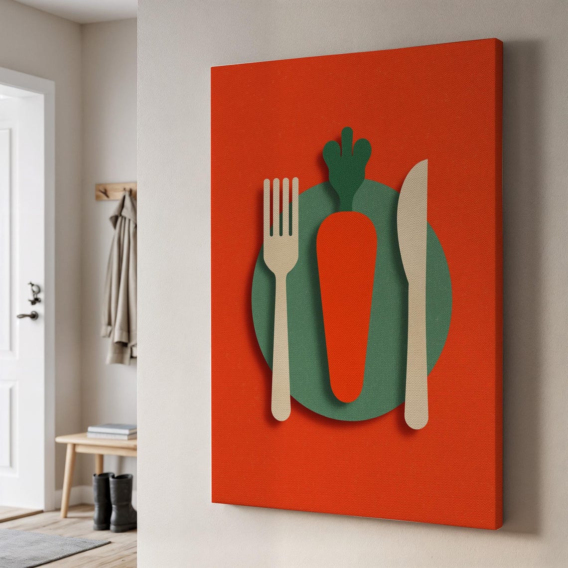 Minimalist Kitchen Art Carrot Plate Fork Knife Bold Red Wall Poster