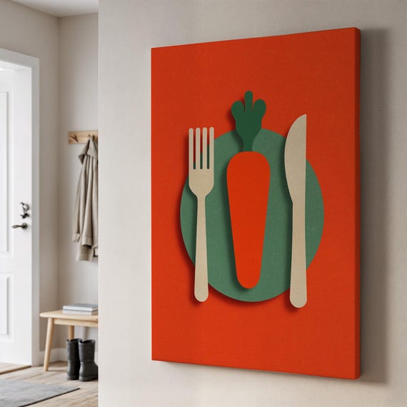Minimalist Food Art Canvas Carrot Plate Design With Fork And Knife Colorful Kitchen Wall Decor Modern Illustration For Dining Room