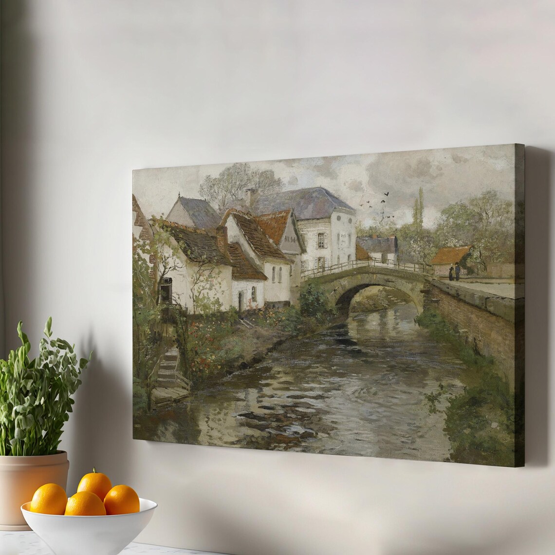 Medieval German Village Canal Stone Bridge Houses Vintage Style Poster