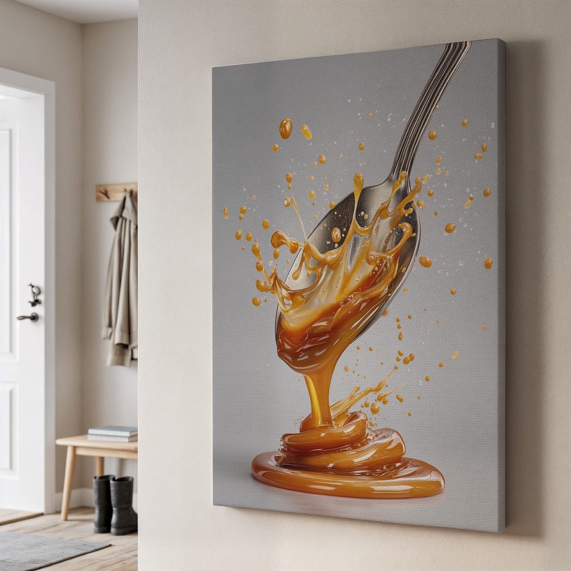 Golden Caramel Sauce Splashing from a Spoon Food Photo Poster